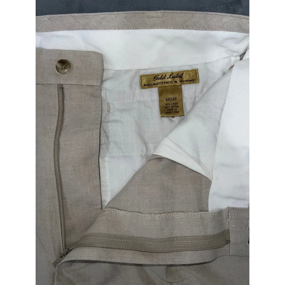 Roundtree & Yorke Gold Label Mens 34x30 Linen Cotton Pleated Khaki Pants Tan